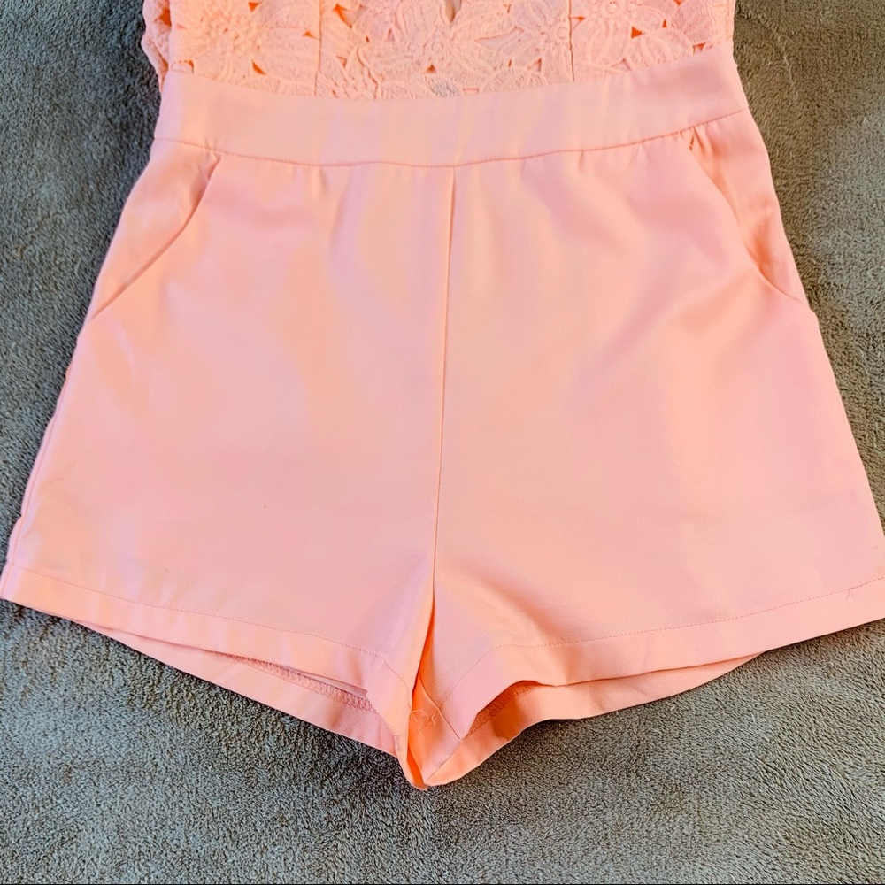 Tea & Cup Peach Sheer Mesh Lace Appliqué Romper S - Picture 7 of 13